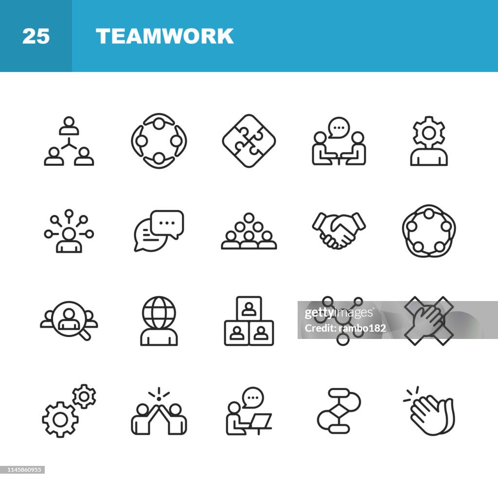 Ícones da linha dos trabalhos de equipa. Traçado editável. Pixel perfeito. Para Mobile e Web. Contém tais ícones como reunião de negócios, cooperação, aplausos, High Five, liderança.