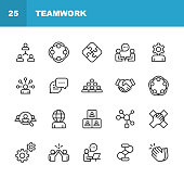 Teamwork Line Icons. Editable Stroke. Pixel Perfect. For Mobile and Web. Contains such icons as Business Meeting, Cooperation, Applause, High Five, Leadership.