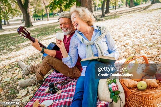 cheerful senior couple enjoying picnic together - guitar & medical books stock pictures, royalty-free photos & images