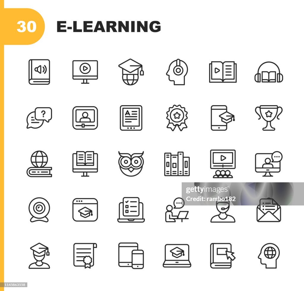 E-Learning Line Icons. Editable Stroke. Pixel Perfect. For Mobile and Web. Contains such icons as Book, AudioBook, Webinar, Online Education, Trophy.