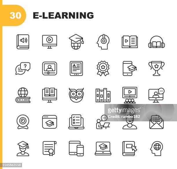 e-learning line icons. editable stroke. pixel perfect. for mobile and web. contains such icons as book, audiobook, webinar, online education, trophy. - internetseite stock illustrations