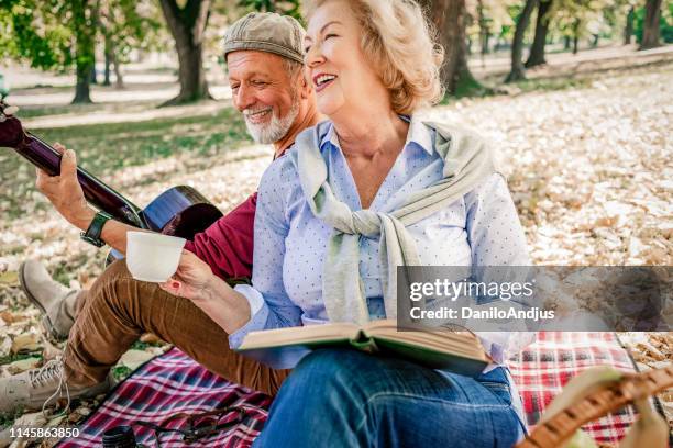 cheerful senior couple enjoying picnic together - guitar & medical books stock pictures, royalty-free photos & images
