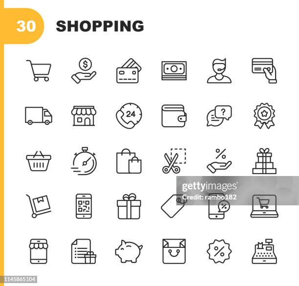 Shopping and E-commerce  Line Icons. Editable Stroke. Pixel Perfect. For Mobile and Web. Contains such icons as Shopping, E-commerce, Payment Method, Piggy Bank, Delivery.
