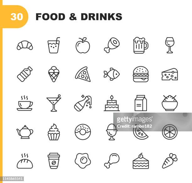 ilustraciones, imágenes clip art, dibujos animados e iconos de stock de iconos de línea de alimentos y bebidas. trazo editable. pixel perfect. para móvil y web. contiene iconos como pan, vino, hamburguesa, leche, zanahoria, fruta, verdura. - rosquillas