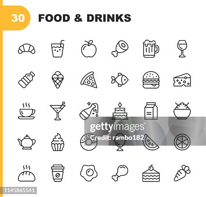 食品や飲料ラインのアイコン。編集可能なストローク。ピクセルパーフェクト。モバイルと Web 用。パン、ワイン、ハンバーガー、牛乳、ニンジン、果物、野菜などのアイコンが含まれてい� 食品や飲料ラインのアイコン。編集可能なストローク。ピクセルパーフェクト。モバイルと Web 用。パン、ワイン、ハンバーガー、牛乳、ニンジン、果物、野菜などのアイコンが含まれてい�