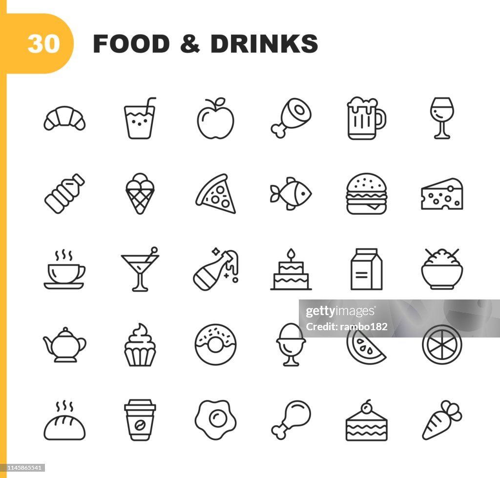 Food and Drinks Line Icons. Editable Stroke. Pixel Perfect. For Mobile and Web. Contains such icons as Bread, Wine, Hamburger, Milk, Carrot, Fruit, Vegetable.