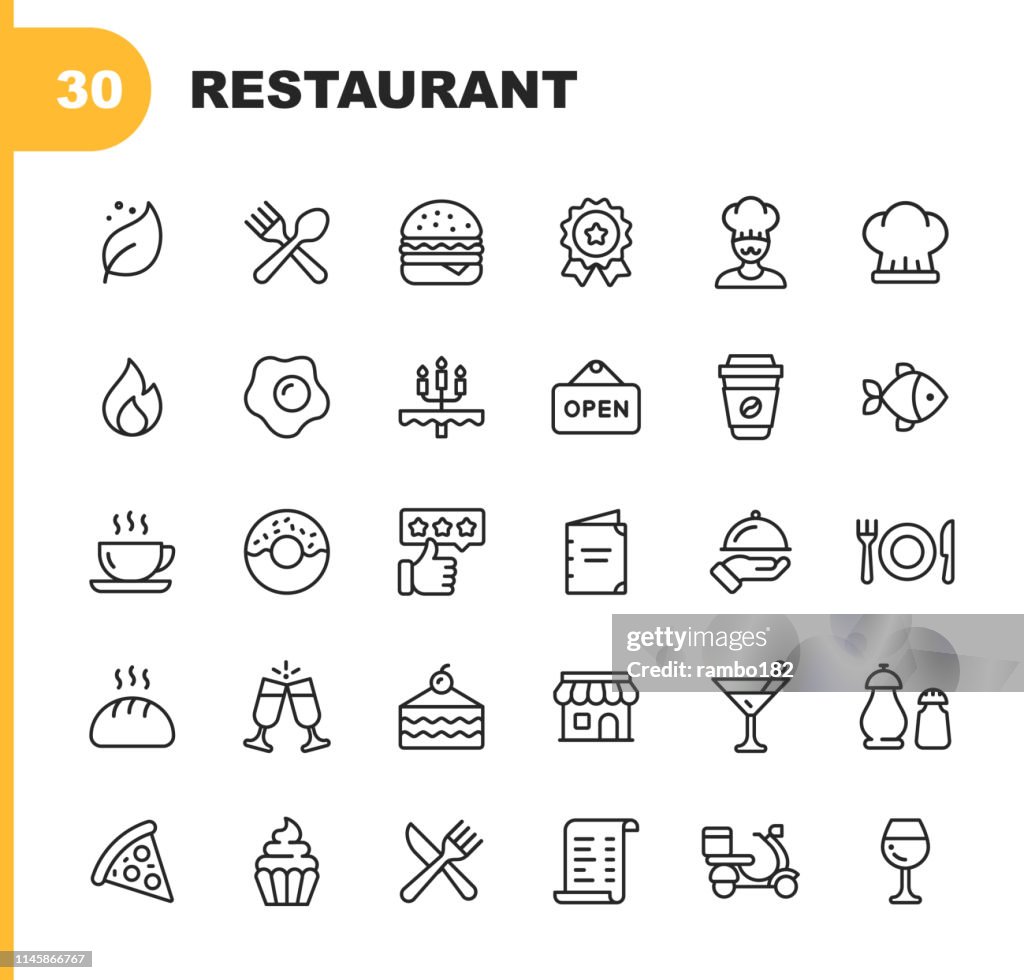 Icone della linea del ristorante. Tratto modificabile. Pixel Perfetto. Per dispositivi mobili e Web. Contiene icone come Vegan, Cooking, Food, Drinks, Fast Food, Eating.
.
