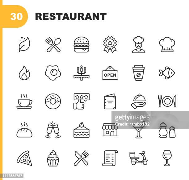 restaurant line icons. editable stroke. pixel perfect. for mobile and web. contains such icons as vegan, cooking, food, drinks, fast food, eating.
. - food and drink stock illustrations