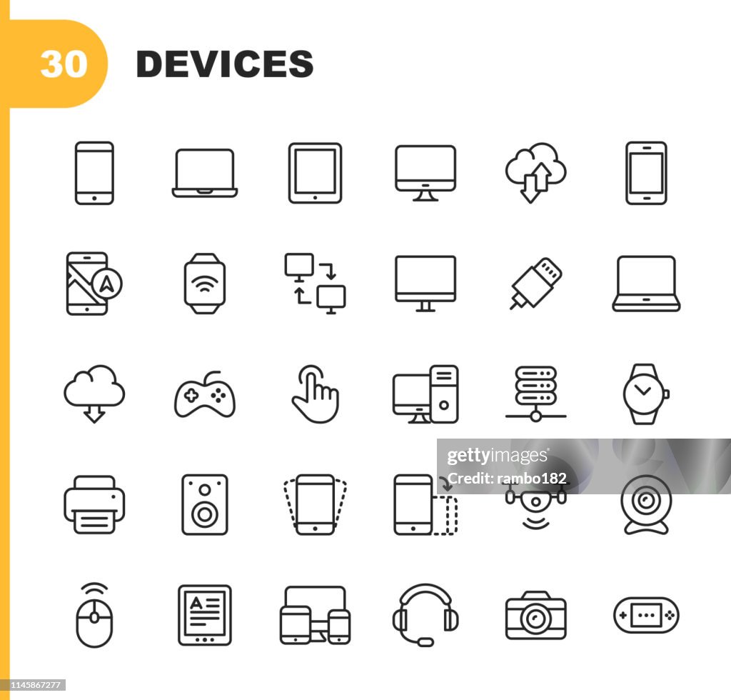 Icone della linea dei dispositivi. Tratto modificabile. Pixel Perfetto. Per dispositivi mobili e Web. Contiene icone come smartphone, smartwatch, giochi, rete di computer, stampante.