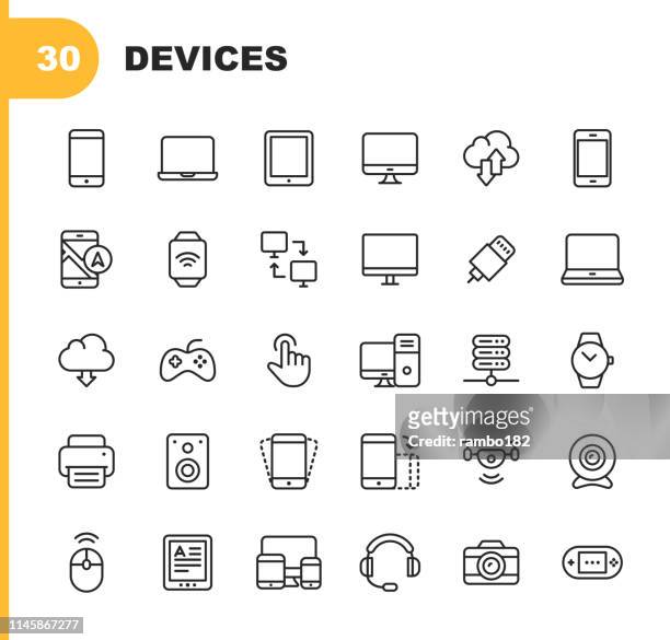 devices line icons. editable stroke. pixel perfect. for mobile and web. contains such icons as smartphone, smartwatch, gaming, computer network, printer. - computer stock illustrations