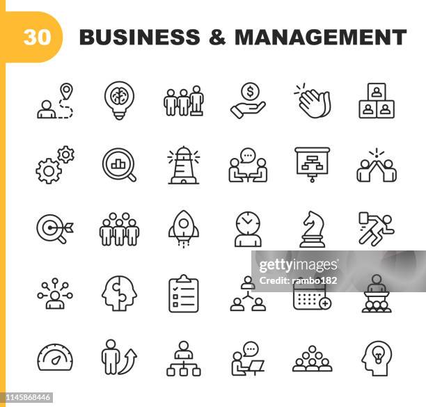 business and management line icons. editable stroke. pixel perfect. for mobile and web. contains such icons as business management, business strategy, brainstorming, optimization, performance. - applauding stock illustrations