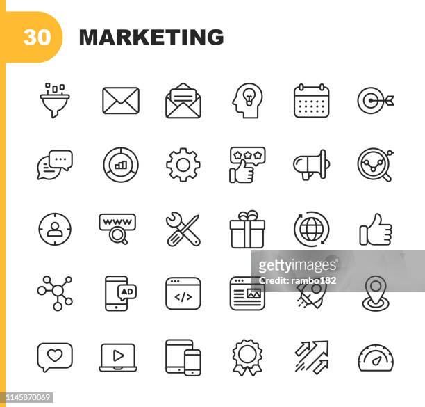 marketing line icons. bearbeitbare stroke. pixel perfect. für mobile und web. enthält solche icons wie e-mail marketing, social media, werbung, start up, like button, video-anzeigen, global business. - social media symbol stock-grafiken, -clipart, -cartoons und -symbole