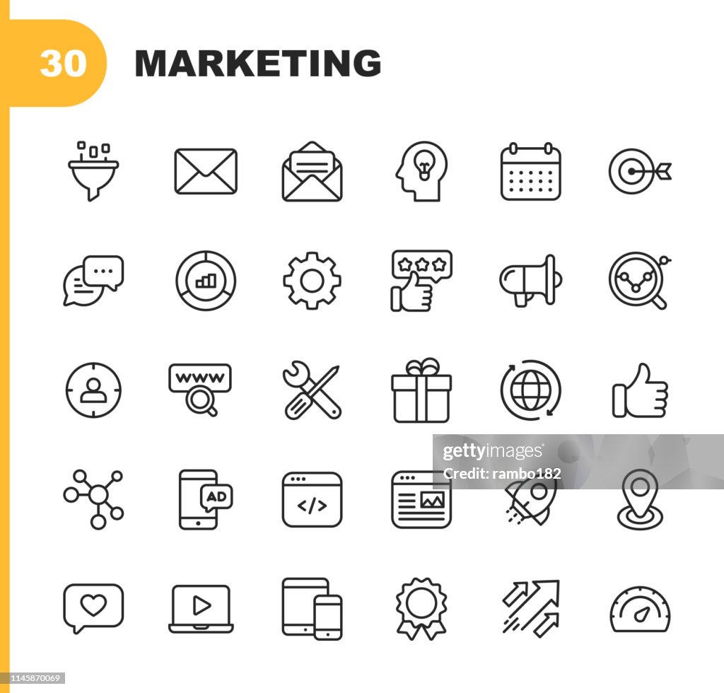 Icone della linea di marketing. Tratto modificabile. Pixel Perfetto. Per dispositivi mobili e Web. Contiene icone come Email Marketing, Social Media, Pubblicità, Start Up, Pulsante Mi piace, Annunci video, Business globale.