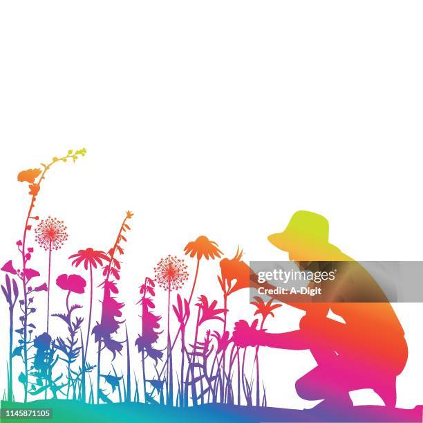 ilustraciones, imágenes clip art, dibujos animados e iconos de stock de jardinero rainbow - kneeling