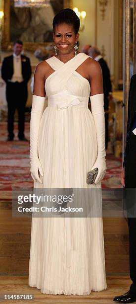 Michelle Obama poses in the Music Room of Buckingham Palace ahead of a State Banquet on May 24, 2011 in London, England. The 44th President of the...
