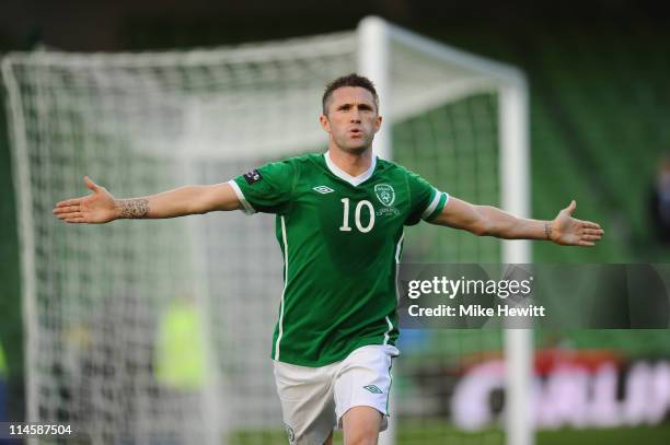 Robbie Keane of Ireland celebrates after scoring during the Carling Nations Cup match between Republic of Ireland and Northern Ireland at Aviva...