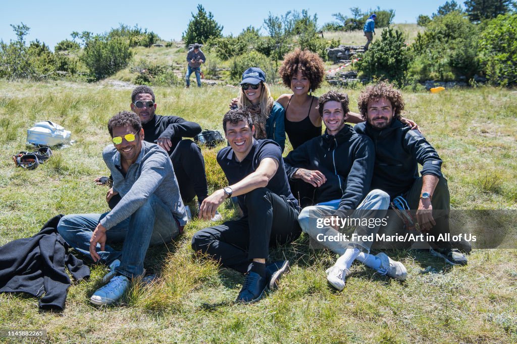 Joeystarr, Sophie ducasse, Tomer sisley, Maxime muska, Taïg khris and friends striking the pose during a bungee jump session from a cliff, Occitanie, Florac, France...