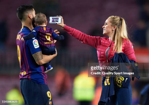 Sofia Balbi and Luis Suarez during the celebration of La Liga after the victory of the La Liga match between FC Barcelona and Levante UD at Camp Nou...