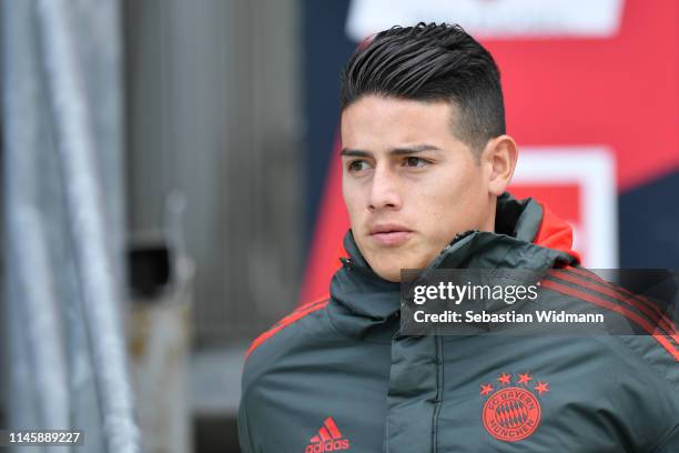 James Rodriguez of Bayern Munich looks on prior to the Bundesliga match between 1. FC Nuernberg and FC Bayern Muenchen at Max-Morlock-Stadion on...