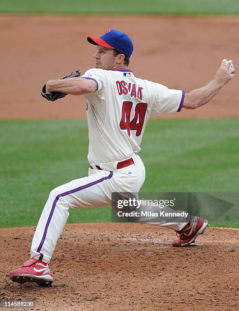 Roy Oswalt of the Philadelphia Phillies pitches against the Texas Rangers in the second inning on May 22, 2011 at Citizens Bank Park in Philadelphia,...