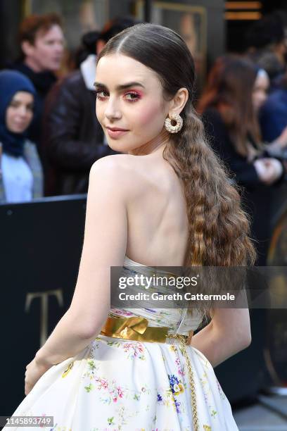 Actress Lily Collins attends the "Tolkien" UK premiere at The Curzon Mayfair on April 29, 2019 in London, England.