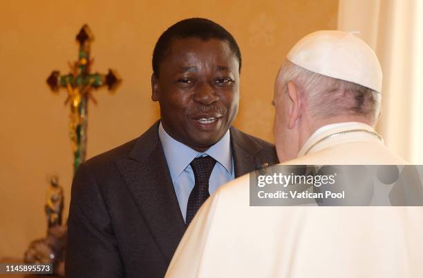 Pope Francis meets with President of Togo Faure Essozimna Gnassingbe during an audience at the Apostolic Palace on April 29, 2019 in Vatican City,...