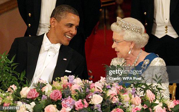 President Barack Obama and Queen Elizabeth II during a State Banquet in Buckingham Palace on May 24, 2011 in London, England. The 44th President of...