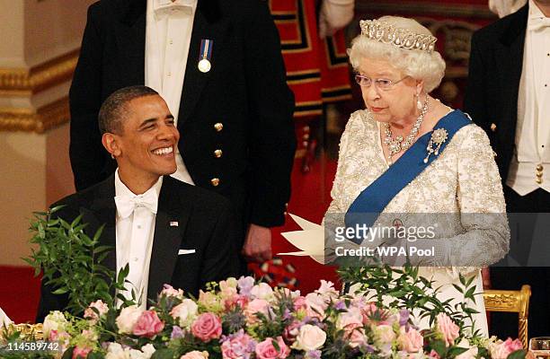 President Barack Obama and Queen Elizabeth II during a State Banquet in Buckingham Palace on May 24, 2011 in London, England. The 44th President of...