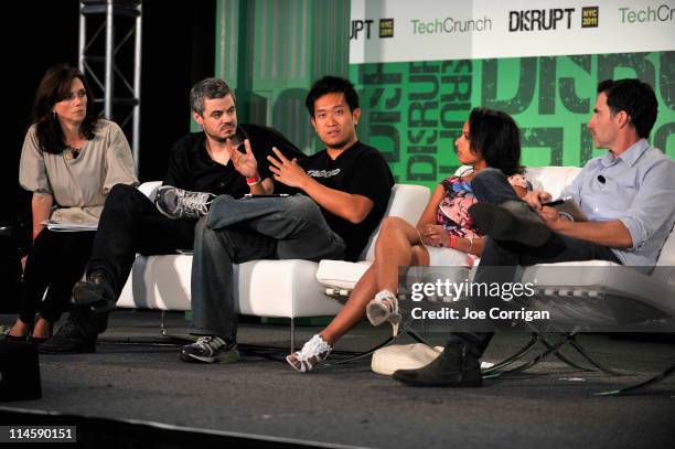 Beth Comstock, Scott Harrison, Greg Tseng, Sandhya Venkatchalam, and Michael Walrath attend TechCrunch Disrupt New York May 2011 at Pier 94 on May...