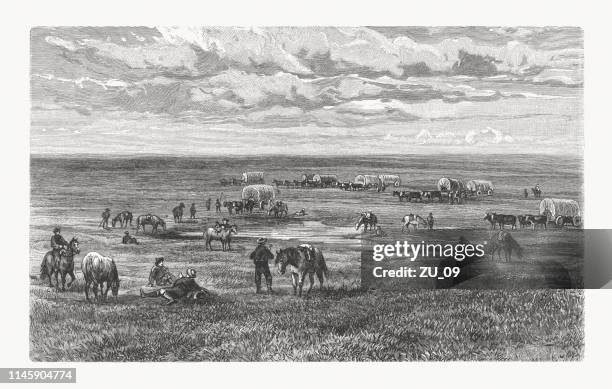 north american prairie with settler camp, wood engraving, published 1897 - horse cart stock illustrations