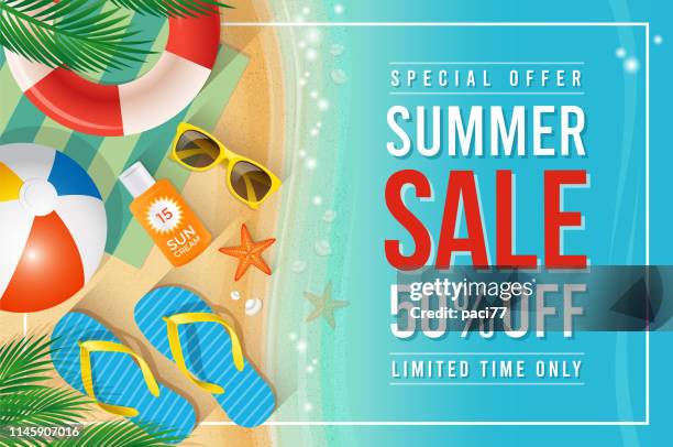 summer sale text with beach summer accessories - suntan lotion stock illustrations