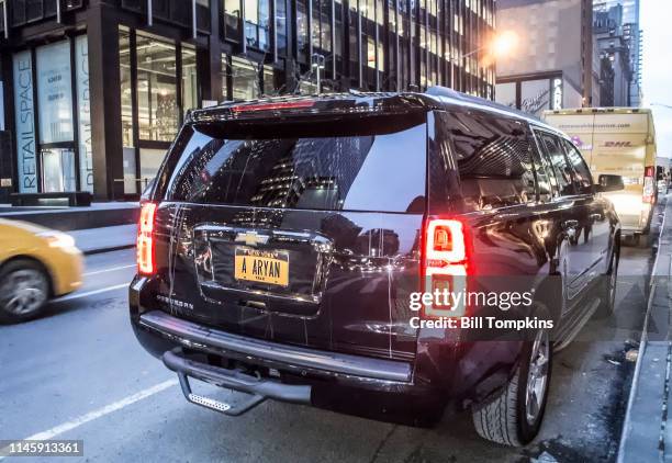 February 1, 2017]: Automobile license plate that says ' A ARYAN'. Photographed on February 1, 2017 in New York City.