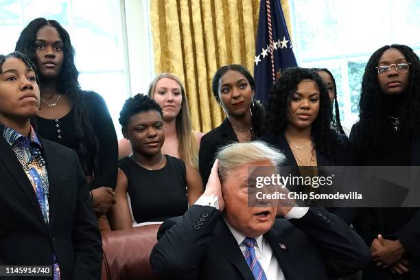 President Donald Trump hosts the Baylor women’s NCAA championship basketball team in the Oval Office at the White House April 29, 2019 in Washington,...