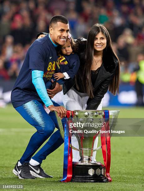 Jeison Murillo of FC Barcelona celebrates with his family following in his team's victory in the La Liga match between FC Barcelona and Levante UD at...