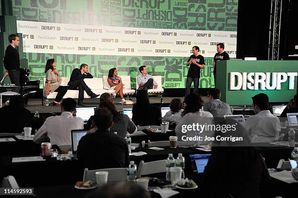 Paul Carr, Beth Comstock, Scott Harrison, Sandhya Venkatchalam, Michael Walrath, Michael Liebow and Dan Foody during TechCrunch Disrupt New York May...