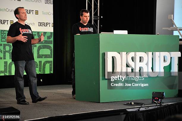 Michael Liebow and Dan Foody of foretuit speak during TechCrunch Disrupt New York May 2011 at Pier 94 on May 24, 2011 in New York City.