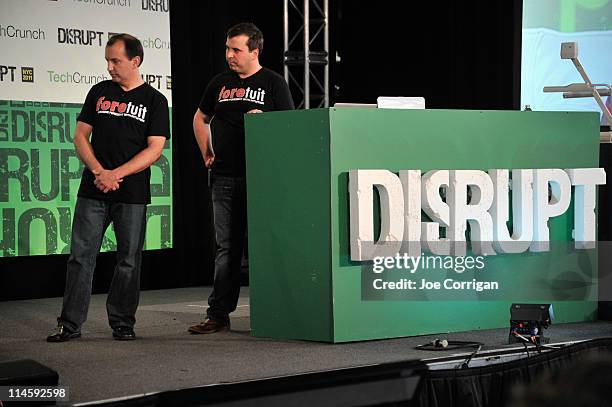Michael Liebow and Dan Foody of foretuit speak during TechCrunch Disrupt New York May 2011 at Pier 94 on May 24, 2011 in New York City.