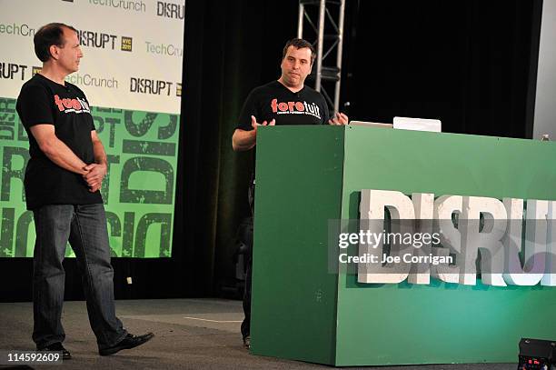 Michael Liebow and Dan Foody of foretuit speak during TechCrunch Disrupt New York May 2011 at Pier 94 on May 24, 2011 in New York City.