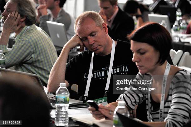 Attendees at TechCrunch Disrupt New York May 2011 at Pier 94 on May 24, 2011 in New York City.