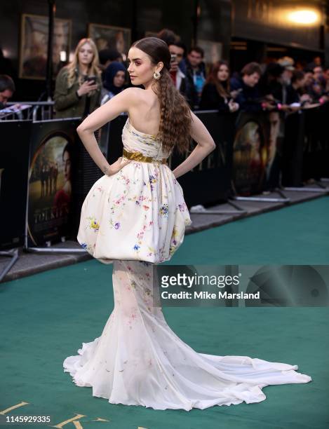 Lily Collins attends the "Tolkien" UK premiere at The Curzon Mayfair on April 29, 2019 in London, England.