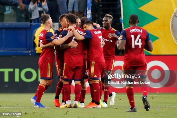 Real Salt Lake celebrate a goal during the second half against the Los Angeles Galaxy at Dignity Health Sports Park on April 28, 2019 in Carson,...