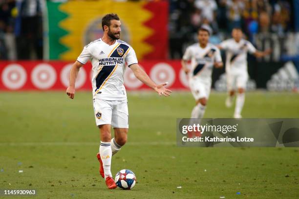 Chris Pontius of Los Angeles Galaxy reacts during a game against Real Salt Lake at Dignity Health Sports Park on April 28, 2019 in Carson, California.