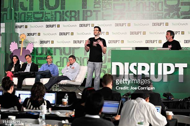 Shana Fisher, Saul Hansell, Roger Ehrenberg, Jeff Clavier, Andy Leff and Ron Leff during TechCrunch Disrupt New York May 2011 at Pier 94 on May 24,...
