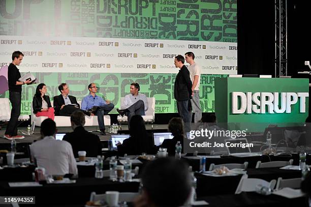 Paul Carr, Shana Fisher,Saul Hansell, Roger Ehrenberg,Jeff Clavier Brian Snyder and David Markle during TechCrunch Disrupt New York May 2011 at Pier...