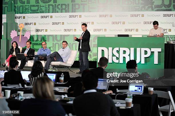 Shana Fisher,Saul Hansell, Roger Ehrenberg,Jeff Clavier Brian Snyder and David Markle during TechCrunch Disrupt New York May 2011 at Pier 94 on May...
