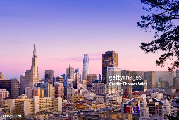 s. f. skyline at dusk - san francisco californië stockfoto's en -beelden