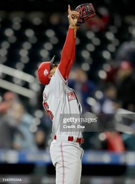 Raisel Iglesias of the Cincinnati Reds celebrates the win over the New York Mets at Citi Field on April 29, 2019 in the Flushing neighborhood of the...