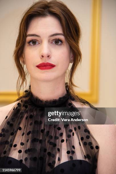 Anne Hathaway at "The Hustle" Press Conference at the Four Seasons Hotel on April 28, 2019 in New York City.