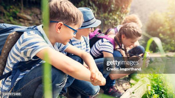 familienwanderung im nationalpark cinque terre, italien - boy taking picture in forest stock-fotos und bilder