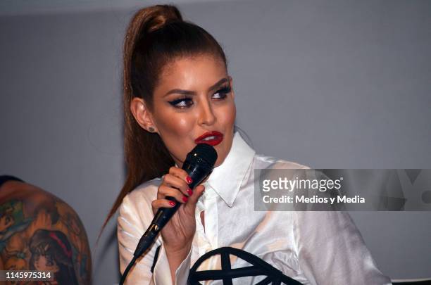 Vanessa Claudio speaks during a press conference to present the host of the reality show 'La Más Draga 2' at Universidad de la Comunicación on April...